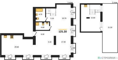 Планировка двухкомнатной(квартира) площадью 125.2 квадратных метров в ЖК “ЖК Квартал Метроном”