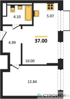 Планировка однокомнатной(квартира) площадью 37 квадратных метров в “ЖК Квартал Домашний”