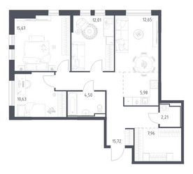 Планировка трехкомнатной(квартира) площадью 87.33 квадратных метров в ЖК “ЖК Остафьево”
