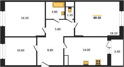 Планировка трехкомнатной(квартира) площадью 80.5 квадратных метров в ЖК “ЖК Эдельвейс (Первомайское)”