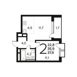 Планировка двухкомнатной(квартира) площадью 37.9 квадратных метров в ЖК “Новые Ватутинки. Заречный”
