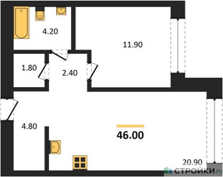 Планировка однокомнатной(квартира) площадью 46 квадратных метров в ЖК “ЖК Дом А”