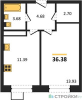 Планировка однокомнатной(квартира) площадью 36.38 квадратных метров в “ЖК Новотомилино”