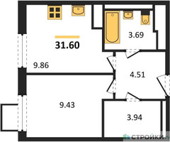 Планировка однокомнатной(квартира) площадью 31.6 квадратных метров в “ЖК Горки Парк”