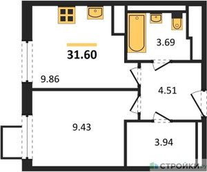 Планировка однокомнатной(квартира) площадью 31.6 квадратных метров в ЖК “ЖК Горки Парк”