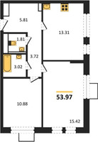 Планировка двухкомнатной(квартира) площадью 53.97 квадратных метров в “ЖК Квартал Сабурово”