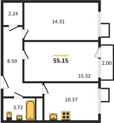 Планировка двухкомнатной(квартира) площадью 55.15 квадратных метров в ЖК “ЖК Катуар”