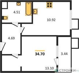 Планировка однокомнатной(квартира) площадью 34.7 квадратных метров в ЖК “Жилые кварталы Новое Пушкино”