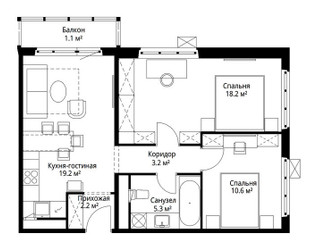 Планировка двухкомнатной(квартира) площадью 59.8 квадратных метров в ЖК “ЖК Эко Видное 2.0”