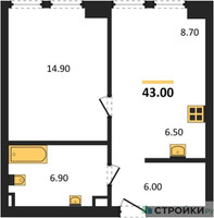 Планировка однокомнатной(квартира) площадью 43 квадратных метров в “ЖК Мангазея на Тульской”