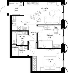 Планировка двухкомнатной(квартира) площадью 56 квадратных метров в ЖК “ЖК СЕТ”