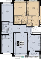 Планировка трехкомнатной(квартира) площадью 83.7 квадратных метров в “ЖК ЮЖНАЯ БИТЦА”
