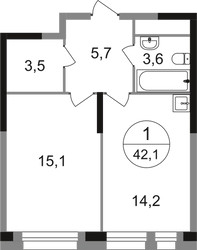 Планировка однокомнатной(квартира) площадью 42.1 квадратных метров в ЖК “ЖК Первый Московский”