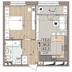 Планировка однокомнатной(квартира) площадью 43.3 квадратных метров в ЖК “ЖК Гранд Комфорт”
