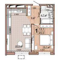 Планировка однокомнатной(квартира) площадью 45 квадратных метров в “ЖК Гранд Комфорт”