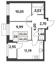 Планировка двухкомнатной(квартира) площадью 46.5 квадратных метров в “ЖК Smart Garden (Смарт Гарден)”