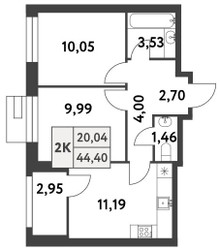 Планировка двухкомнатной(квартира) площадью 46.5 квадратных метров в ЖК “ЖК Smart Garden (Смарт Гарден)”