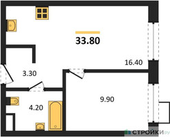 Планировка однокомнатной(квартира) площадью 33.8 квадратных метров в “ЖК Форевиль”