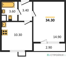 Планировка однокомнатной(квартира) площадью 34.3 квадратных метров в “ЖК ЮЖНАЯ БИТЦА”