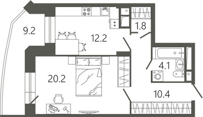 Планировка однокомнатной(квартира) площадью 51.5 квадратных метров в ЖК “ЖК Советская 18”