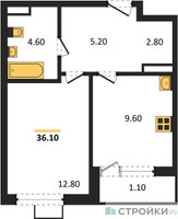 Планировка однокомнатной(квартира) площадью 36.1 квадратных метров в “ЖК Южные сады”