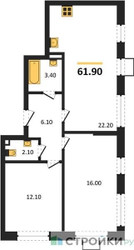 Планировка двухкомнатной(квартира) площадью 61.9 квадратных метров в ЖК “ЖК Лучи-2”