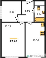 Планировка двухкомнатной(квартира) площадью 47.43 квадратных метров в “ЖК Пятницкое 58 (Перец)”