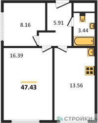Планировка двухкомнатной(квартира) площадью 47.43 квадратных метров в ЖК “ЖК Пятницкое 58 (Перец)”