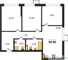 Планировка трехкомнатной(квартира) площадью 69.9 квадратных метров в “ЖК Деснаречье”
