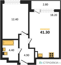 Планировка однокомнатной(квартира) площадью 41.3 квадратных метров в ЖК “ЖК Прокшино”