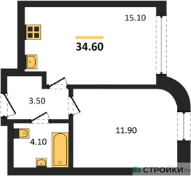 Планировка однокомнатной(квартира) площадью 34.6 квадратных метров в ЖК “ЖК МАРК”