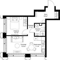 Планировка однокомнатной(квартира) площадью 43.5 квадратных метров в “ЖК СЕТ”