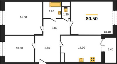 Планировка трехкомнатной(квартира) площадью 80.5 квадратных метров в ЖК “ЖК Эдельвейс (Первомайское)”