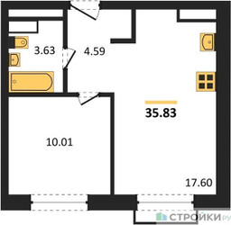 Планировка однокомнатной(квартира) площадью 35.83 квадратных метров в ЖК “ЖК Квартал Румянцево (МелиСад)”