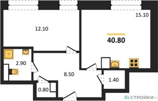 Планировка однокомнатной(квартира) площадью 40.8 квадратных метров в “ЖК Обручева 30”