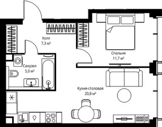 Планировка однокомнатной(квартира) площадью 44.8 квадратных метров в ЖК “ЖК Веер”