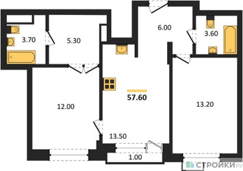 Планировка двухкомнатной(квартира) площадью 57.6 квадратных метров в ЖК “ЖК Новая Щербинка”