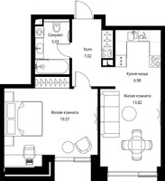 Планировка однокомнатной(квартира) площадью 52.42 квадратных метров в “ЖК Сити Бэй”