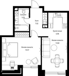 Планировка однокомнатной(квартира) площадью 52.42 квадратных метров в ЖК “ЖК Сити Бэй”