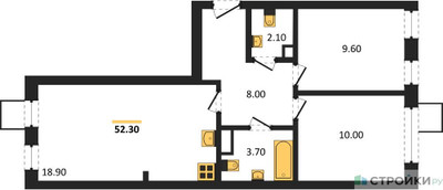 Планировка двухкомнатной(квартира) площадью 52.3 квадратных метров в ЖК “ЖК Никольский квартал Отрада”