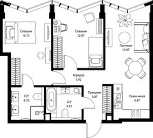 Планировка двухкомнатной(квартира) площадью 64.22 квадратных метров в “Дом премиум-класса МИРА”