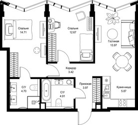 Планировка двухкомнатной(квартира) площадью 64.22 квадратных метров в ЖК “Дом премиум-класса МИРА”