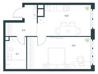 Планировка однокомнатной(квартира) площадью 43 квадратных метров в ЖК “ЖК Level Южнопортовая”