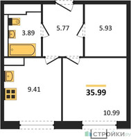 Планировка однокомнатной(квартира) площадью 35.99 квадратных метров в “ЖК Прибрежный Парк”