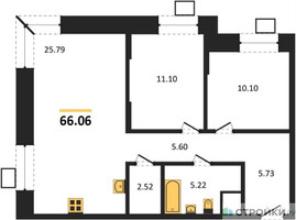 Планировка двухкомнатной(квартира) площадью 66.06 квадратных метров в “ЖК Апарт-отель Тропарево парк”