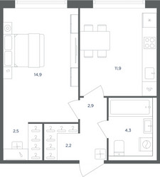 Планировка однокомнатной(квартира) площадью 38.7 квадратных метров в ЖК “ЖК Равновесие”