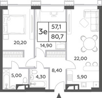 Планировка трехкомнатной(квартира) площадью 80.7 квадратных метров в “ЖК Will Towers (Вилл Тауэрс)”