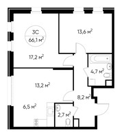 Планировка трехкомнатной(квартира) площадью 66.1 квадратных метров в “ЖК Переделкино Ближнее”