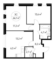 Планировка трехкомнатной(квартира) площадью 66.1 квадратных метров в ЖК “ЖК Переделкино Ближнее”