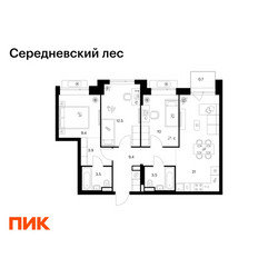 Планировка трехкомнатной(квартира) площадью 73.9 квадратных метров в ЖК “ЖК Середневский лес”
